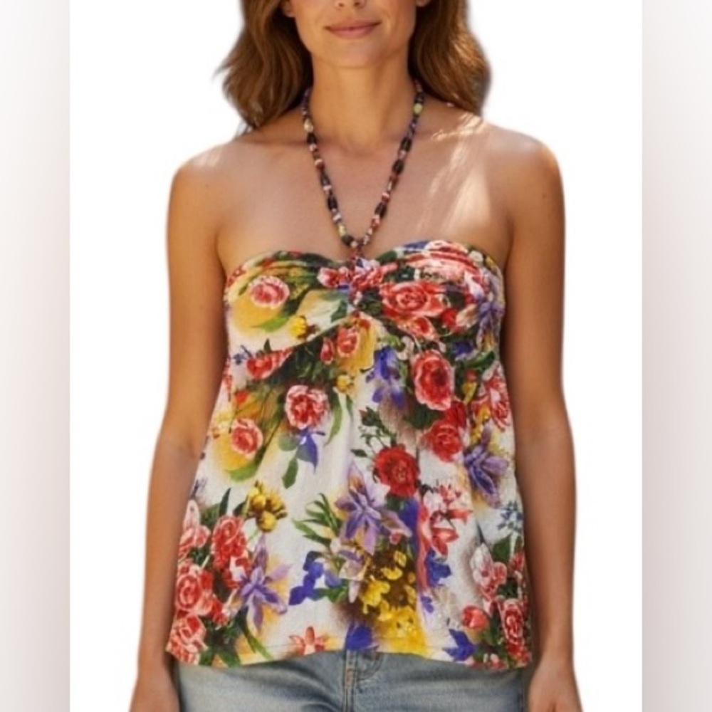 No Boundaries Floral Halter Top Women’s XL (15-17) Beaded Strap Resort Beach Y2K